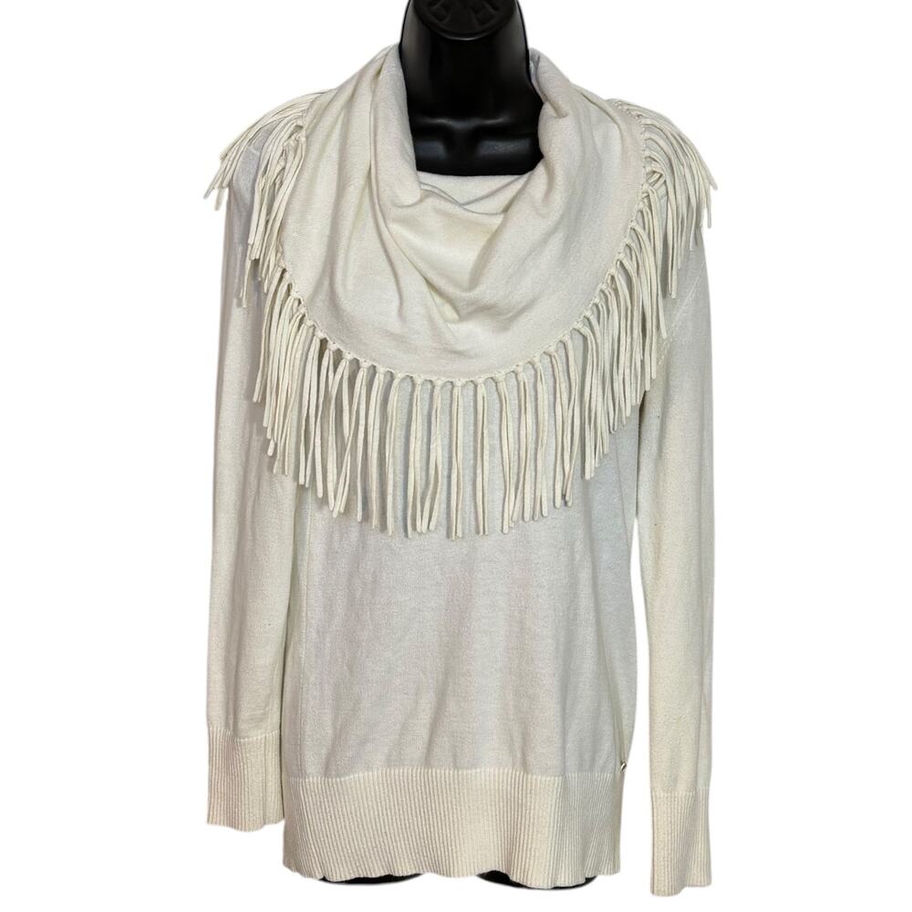 Michael Kors Angora Blend Fringe Cowl Neck Sweater Cream Cream Large XL Boho